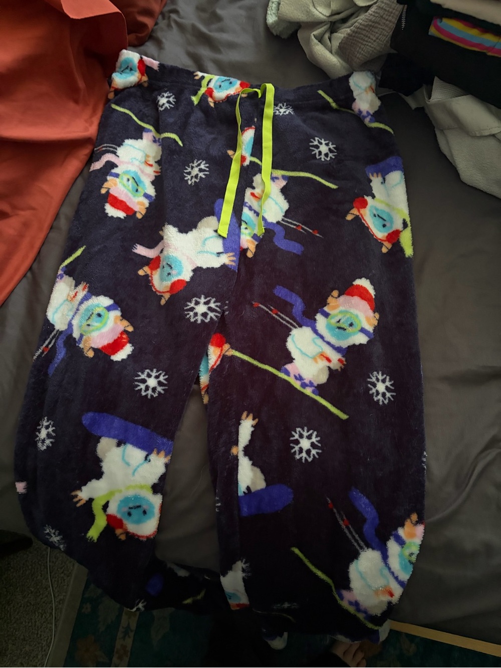 Plush Navy Snowman Fleece Pajama Pants with Lime Drawstring